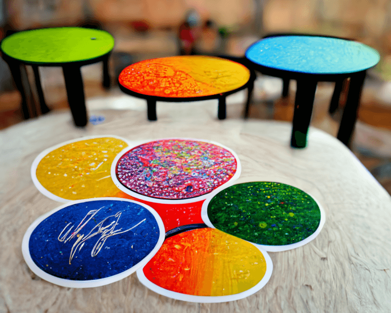 A photo of a table filled with different colorful stickers.